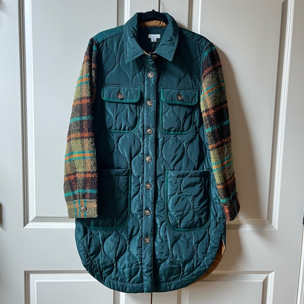 New Sundance Wensley quilted Coat Jacket with Plaid Arms - medium teal - NEW